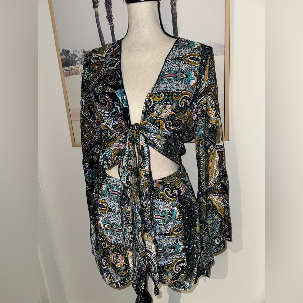 Paisley Tie-Front Cutout Romper in Black & Teal